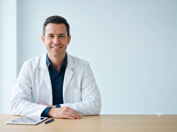 Physician in a white coat seated at a consultation desk