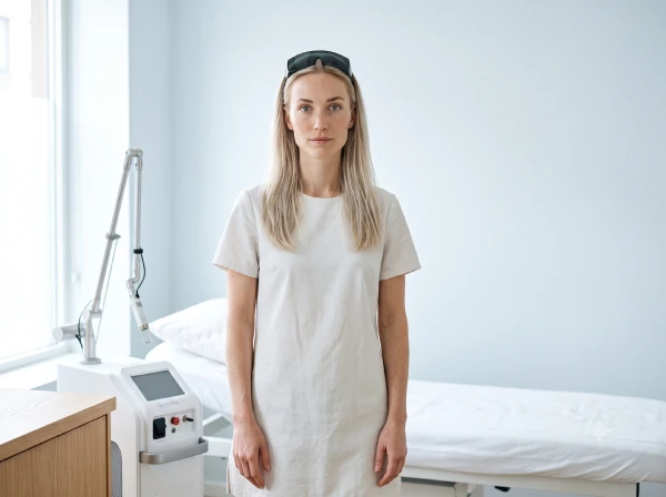 Medical aesthetician standing beside a laser device in a treatment room