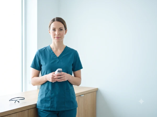Nurse in teal scrubs holding a handheld aesthetic device